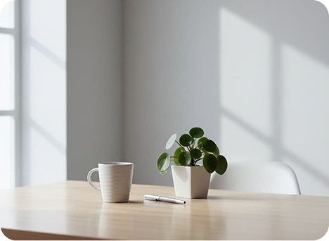 Minimal workspace with a coffee mug, plant, and pen
