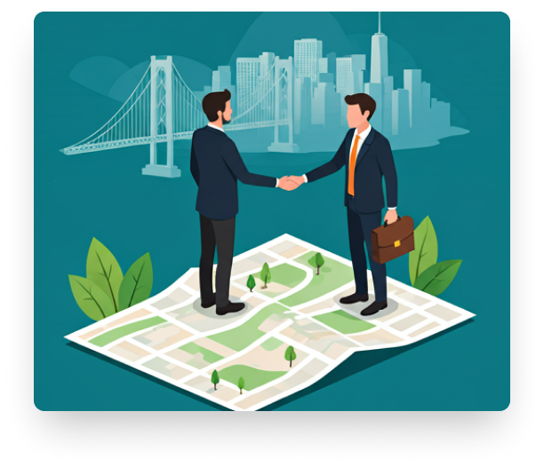 Two professionals exchanging a handshake over a city map